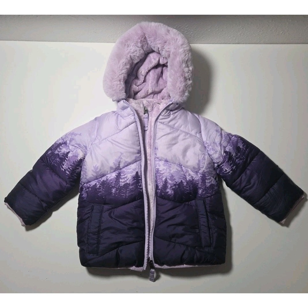 Girls Snozu Puffer Winter Snow Jacket Hooded Purple Ombré Forest Trees Size 2T